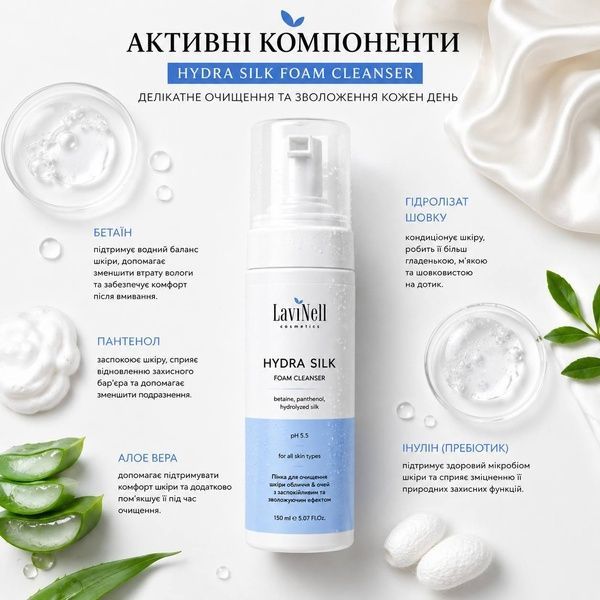 Активні компоненти зволожувальної пінки Hydra Silk Foam LaviNell