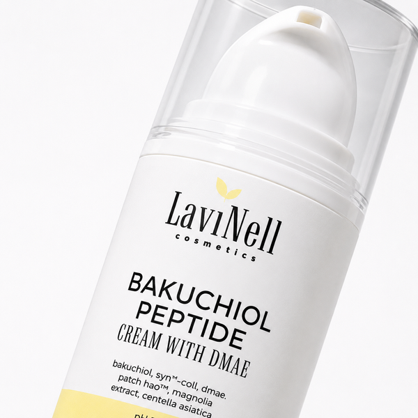 Деталізація упаковки антивікового крему LaviNell Bakuchiol Peptide Cream with DMAE 50 мл