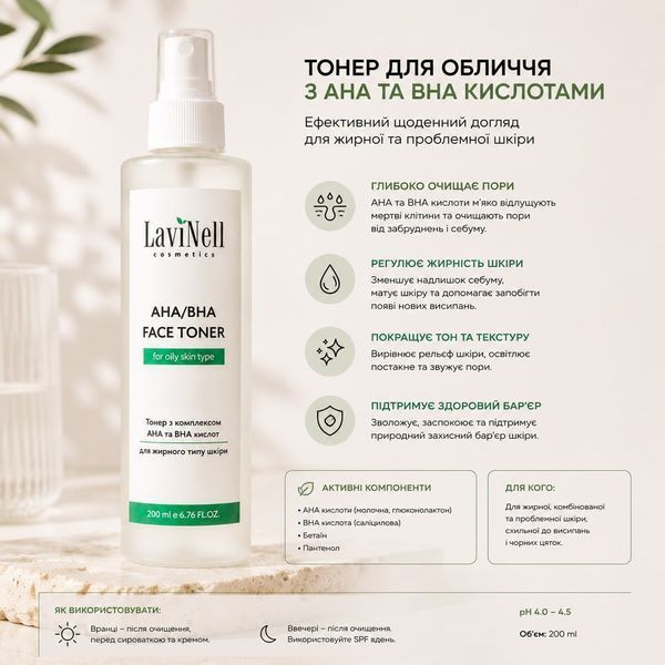 Переваги кислотного тонера AHA/BHA FACE TONER LaviNell