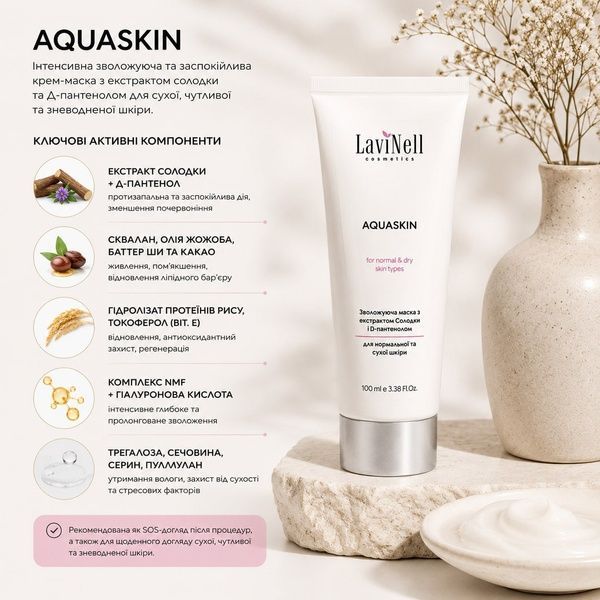 Активні компоненти крем-маски AQUASKIN MOISTURIZING & SOOTHING MASK LaviNell