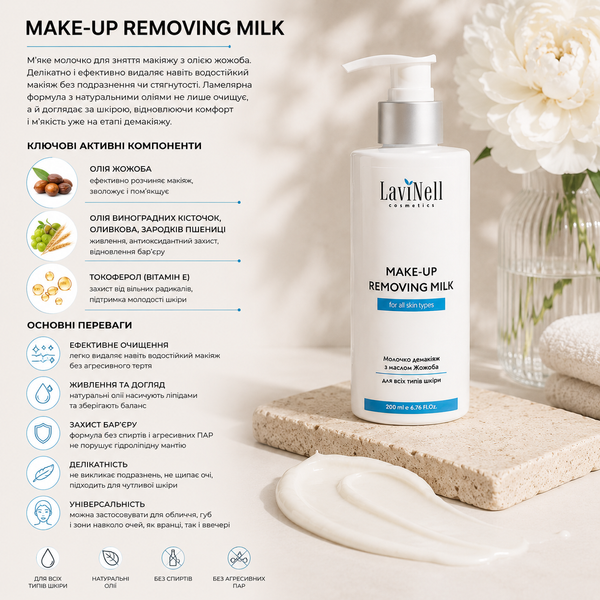 Активні компоненти молочка MAKE-UP REMOVING MILK LaviNell