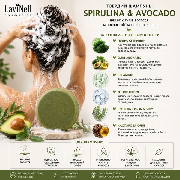 Активні компоненти твердого шампуню SPIRULINA & AVOKADO SHAMPOO LaviNell